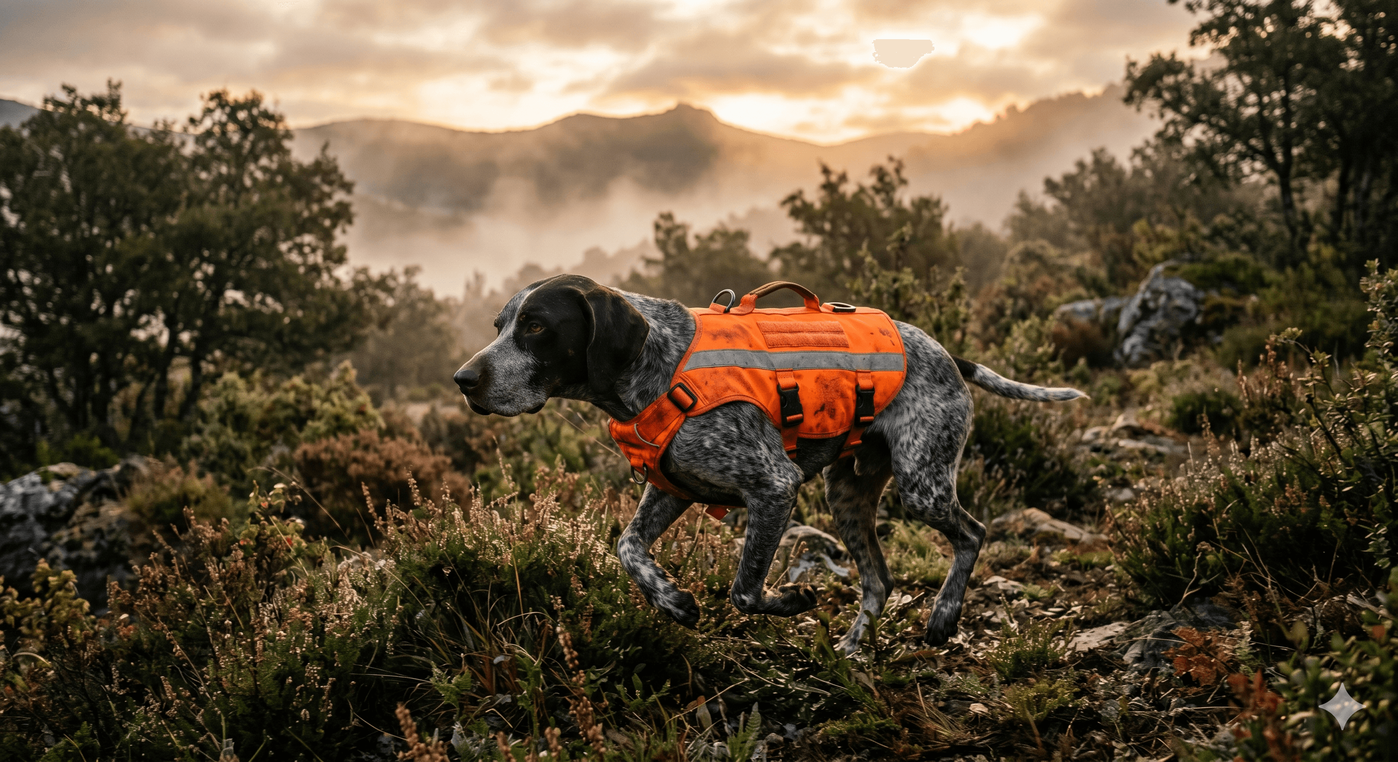 Chien de chasse en gilet Atelier K9 sur terrain méditerranéen
